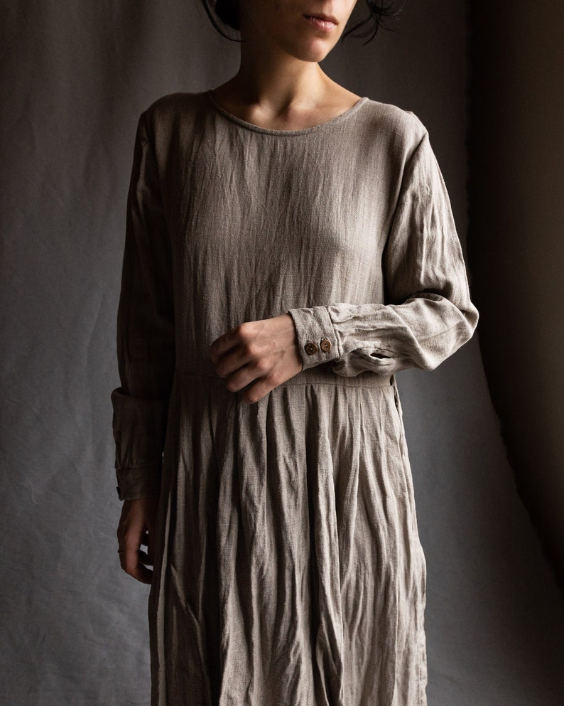 Natural grey linen dress VIRGINIA. Linen women's clothing vintage dress antique avant garde heavy linen flax dress undyed eco gathered image 1