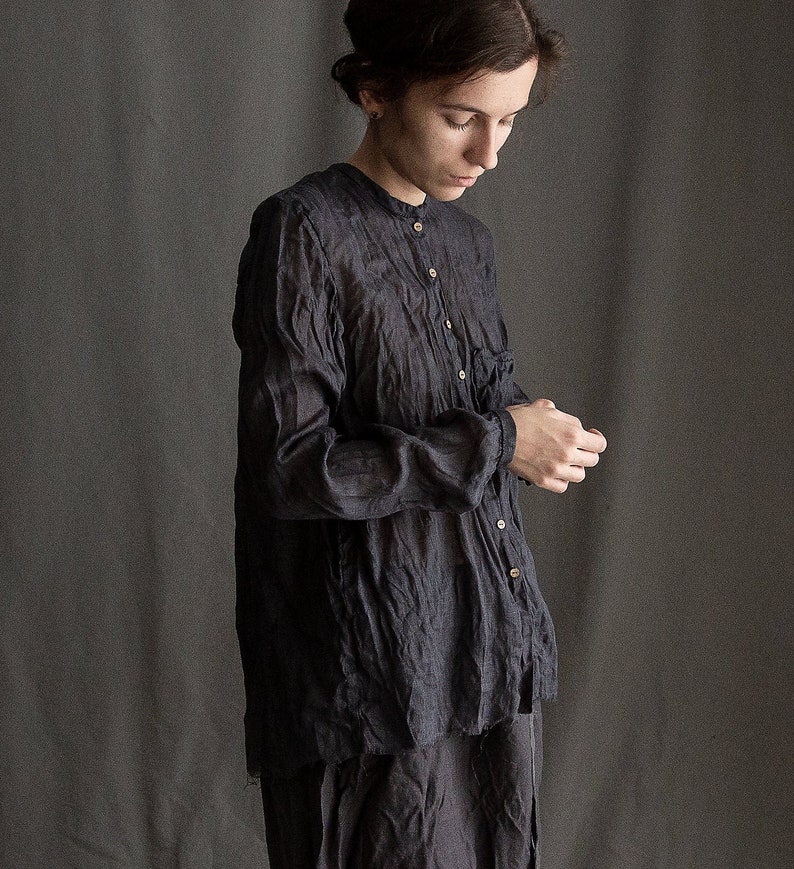 Black women linen shirt CLOUD. Linen women clothing sheer shirt vintage blouse antique pleated smock top bohemian shirt peasant raw image 2