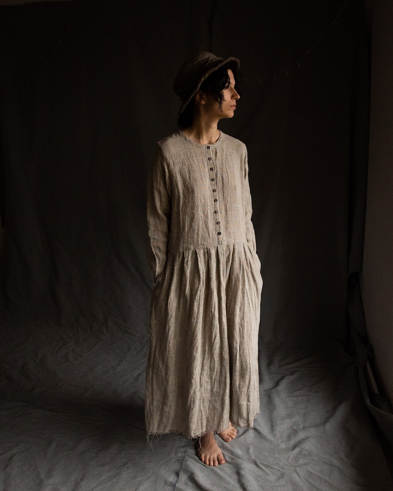 Sackcloth linen dress POEM. Linen women's clothing undyed flax dress vintage natural grey bohemian raw stitched raw hem peasant victorian image 1