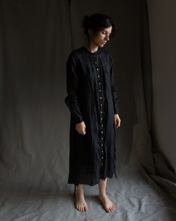 XS-S Size Black Linen Gauze Dress CLOUD. Linen Women Clothing