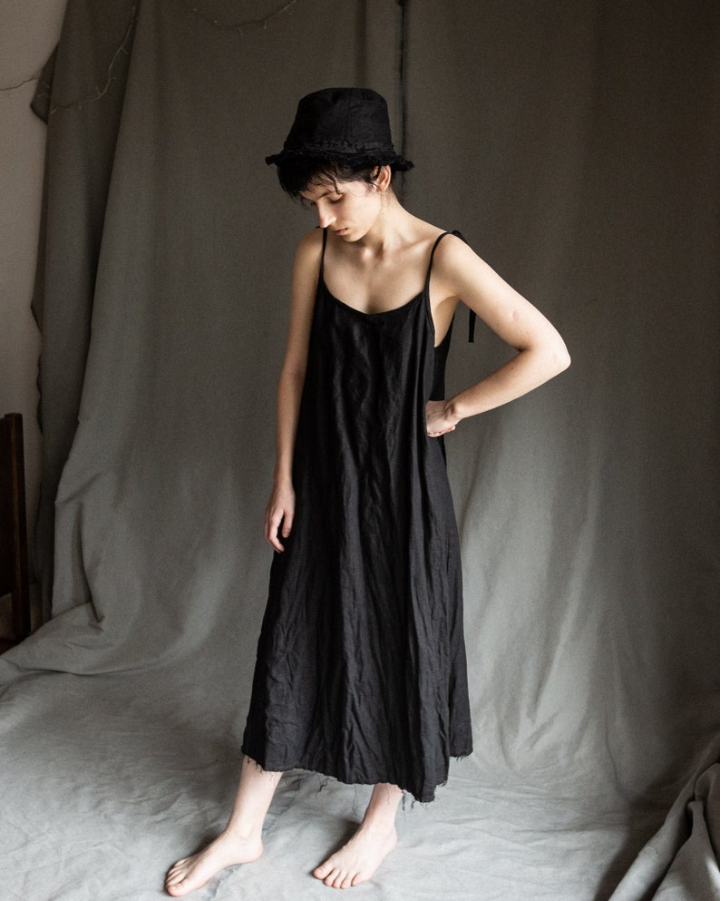 Black linen dress HAZE. Linen slip dress gothic dress linen womens clothing camisole avant garde hand stitched vintage minimalist raw hem image 5