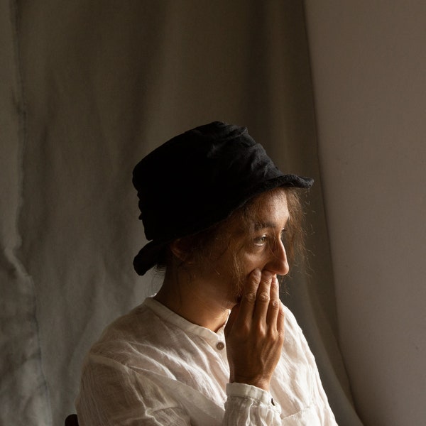 Black hat TOPINAMBUR. Natural linen, gothic bohemian fedora hat handmade vegan women's hat men's rustic boho organic antique boro