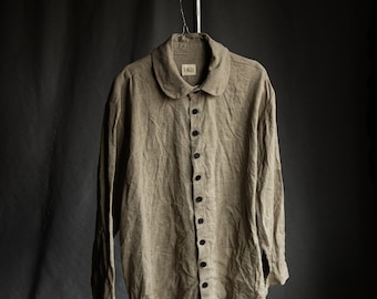 Women's linen shirt JOHN. Linen womens clothing vintage antique bohemian peasant victorian flax undyed ivory beige wrinkled stiff black