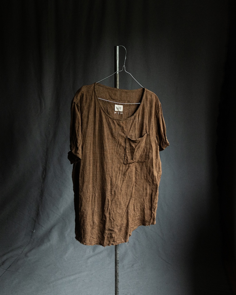 Men's linen t-shirt INK. Men's linen clothing cinnamon brown mustard flax shirt loose hand stitched japanese avant garde orange wrinkled image 1