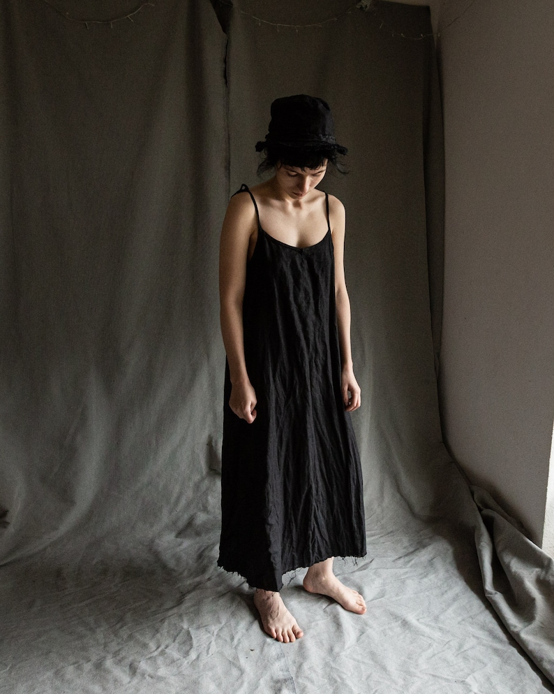 Black linen dress HAZE. Linen slip dress gothic dress linen womens clothing camisole avant garde hand stitched vintage minimalist raw hem image 1