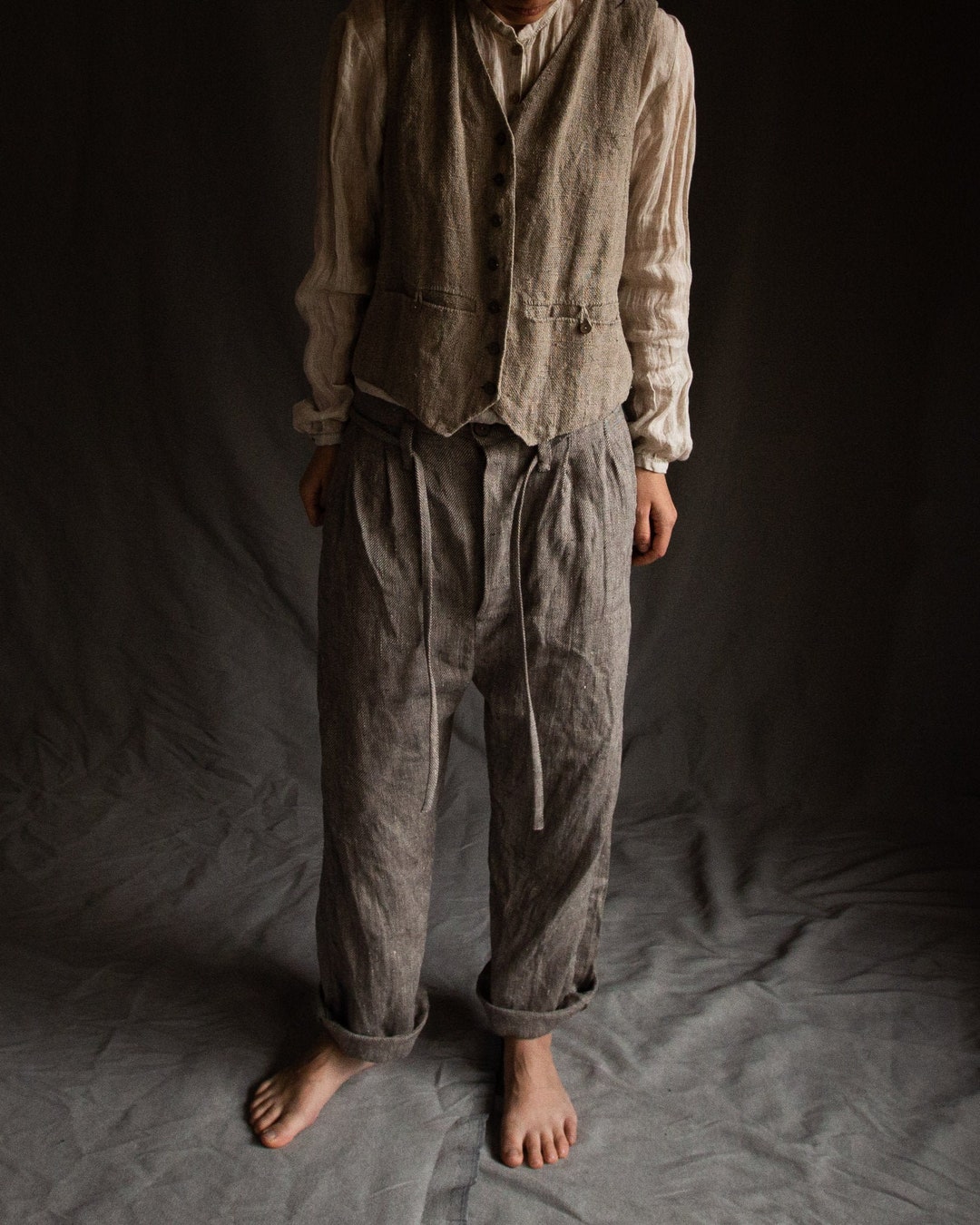 Mens Grey Linen Pants HEMINGWAY. Buttoned Trousers Woolen Pants Linen