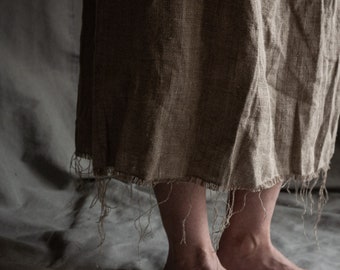 Linen skirt MILL in sackcloth. Linen womens clothing midi drawstring rustic natural grey raw flax fringe bohemian japanese sack burlap fray