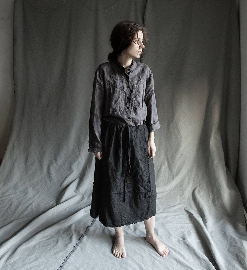 boro Black linen skirt made of separate scraps with raw hem and patches BLUR linen dress 100/% natural linen women/'s clothing drawstring