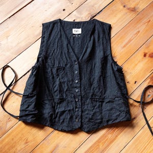 Men&#39;s linen waistcoat INSOMNIA. Dark grey black linen vest vintage antique clothing hand stitched avant garde old gothic wrinkled frayed