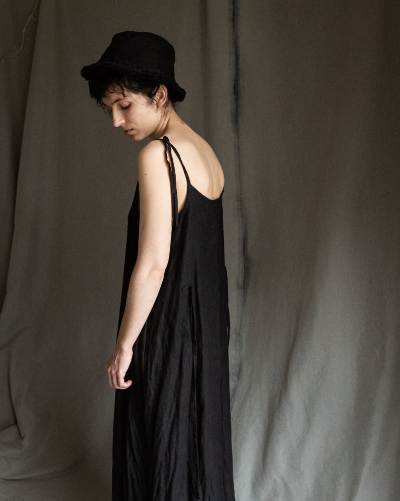 Black linen dress HAZE. Linen slip dress gothic dress linen womens clothing camisole avant garde hand stitched vintage minimalist raw hem image 3