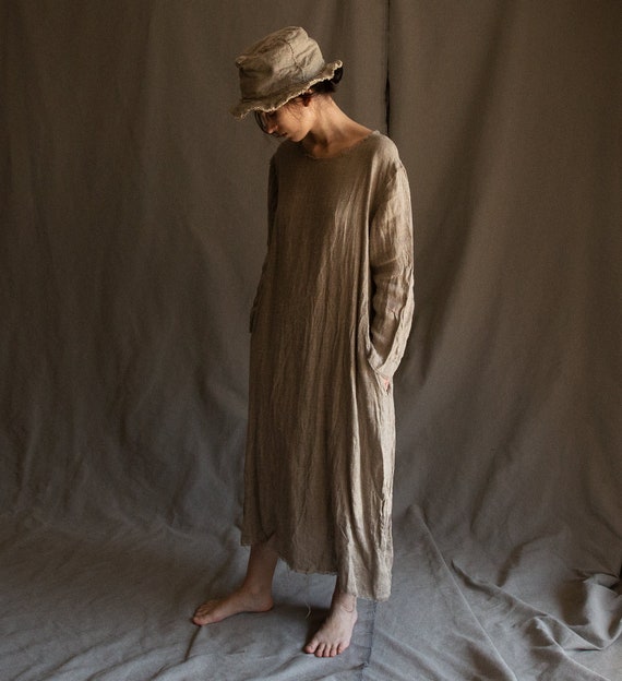 Women's Dress Nomad, Natural Grey Linen Sackcloth, Raw Hems