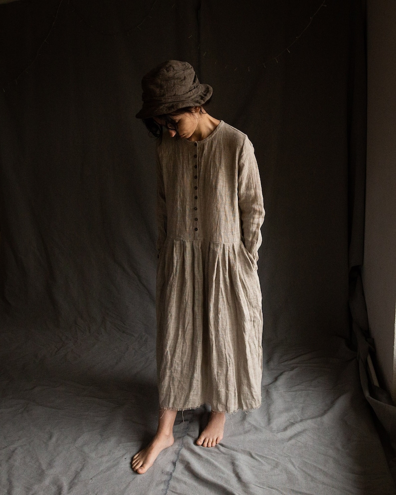 Sackcloth linen dress POEM. Linen women's clothing undyed flax dress vintage natural grey bohemian raw stitched raw hem peasant victorian image 2