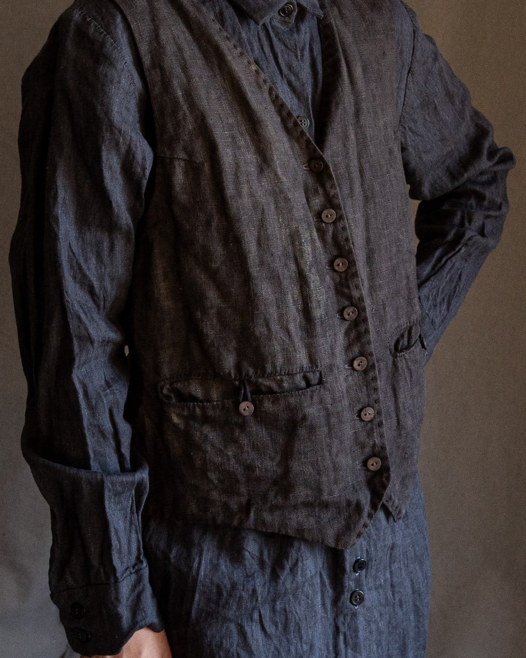 Men's Hand Dyed Linen Waistcoat MILL. Dark Grey Linen Vest Etsy