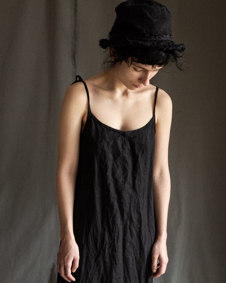 Black linen dress HAZE. Linen slip dress gothic dress linen womens clothing camisole avant garde hand stitched vintage minimalist raw hem image 4