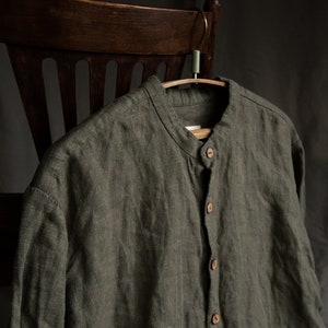 Men's heavy linen shirt EARTH. Men's winter shirt warm shirt thick khaki dusty green linen men's clothing military hand stitched rustic