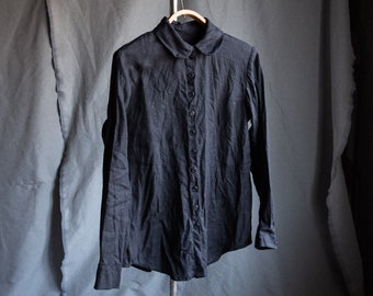 Black linen shirt EMIL. Linen women clothing vintage blouse antique bohemian peasant victorian shirt peter pan round collar hand stitch