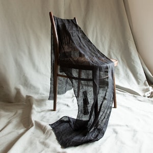 Black witchy linen scarf NIGHT. Gothic semi sheer scarf boho men woman linen shawl gauze scarf patched flax softened mending japanese scarf