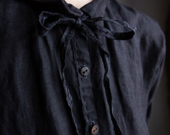 Black hemp shirt FADE. Vintage black dark linen women clothing blouse antique gothic shirt avant garde hand stitched womens raw shirt