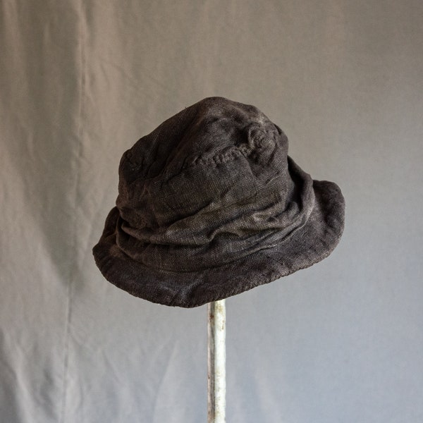 Naturally dyed hat TOPINAMBUR. Linen flax hand dyed painted dark grey brown black hat vegan organic antique vintage sackcloth wabi sabi