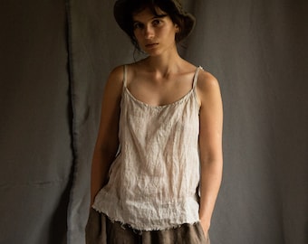 Natural grey linen gauze top MORNING. Raw hem linen top camisole beige summer blouse linen womens clothing see through sheer flax undyed