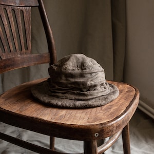 Naturally dyed fedora hat TOPINAMBUR. Natural linen flax hand dyed painted grey brown hat vegan womens hat organic antique vintage sackcloth