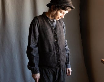 M size | Women's vest MILL, dark brown herringbone wool tweed