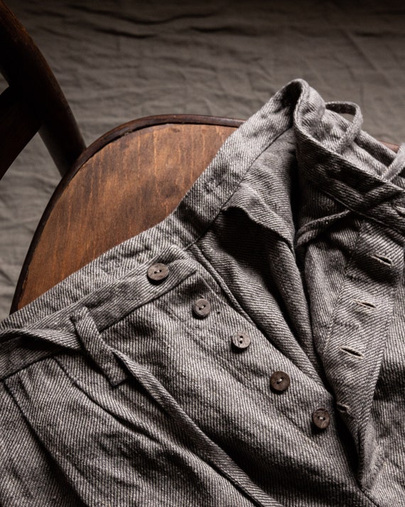 Grey Linen Pants HEMINGWAY. Buttoned Trousers Woolen Pants Linen