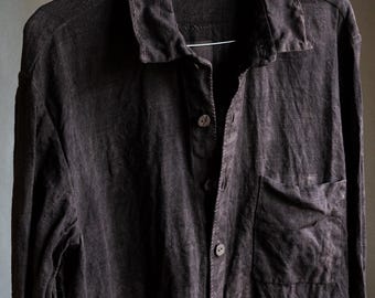 Men's shirt FATHER'S, heavy textured wrinkly linen naturally dyed into darker greyish shades