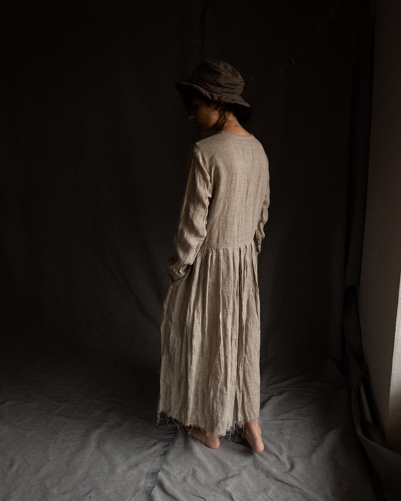 Sackcloth linen dress POEM. Linen women's clothing undyed flax dress vintage natural grey bohemian raw stitched raw hem peasant victorian image 7