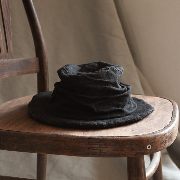 Black fedora hat TOPINAMBUR. Natural linen, gothic bohemian hat handmade vegan women's hat men's rustic boho organic antique boro