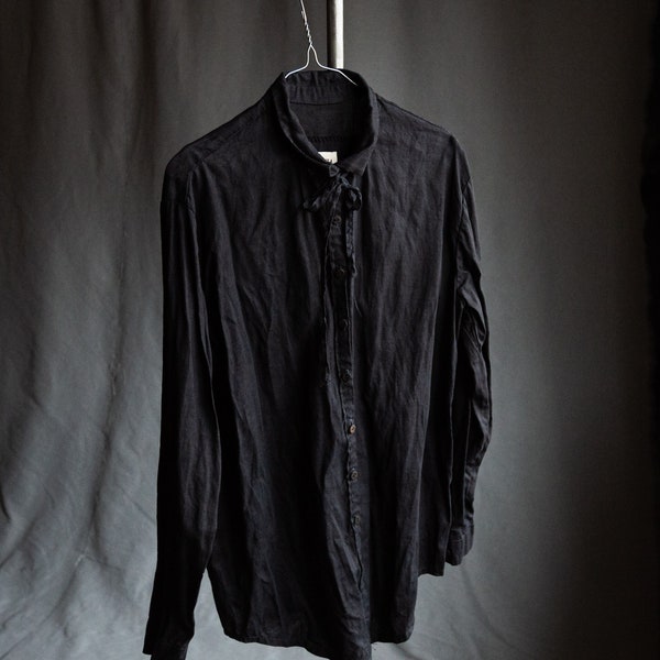 Men's black hemp shirt FADE. Vintage black dark linen mens clothing blouse antique gothic shirt avant garde hand stitched raw shirt faded