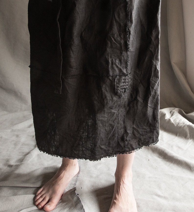 boro Black linen skirt made of separate scraps with raw hem and patches BLUR linen dress 100/% natural linen women/'s clothing drawstring
