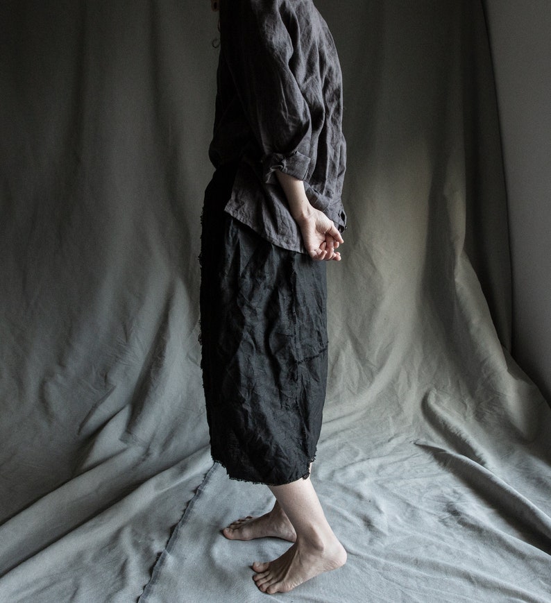 boro Black linen skirt made of separate scraps with raw hem and patches BLUR linen dress 100/% natural linen women/'s clothing drawstring