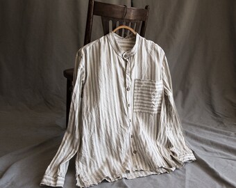 Mens striped linen shirt. Linen mens clothing wedding shirt flax hand stitched embroidered vintage bohemian classical white grey minimalist