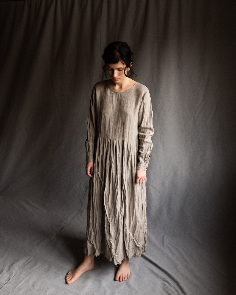 Natural grey linen dress VIRGINIA. Linen women's clothing vintage dress antique avant garde heavy linen flax dress undyed eco gathered image 3