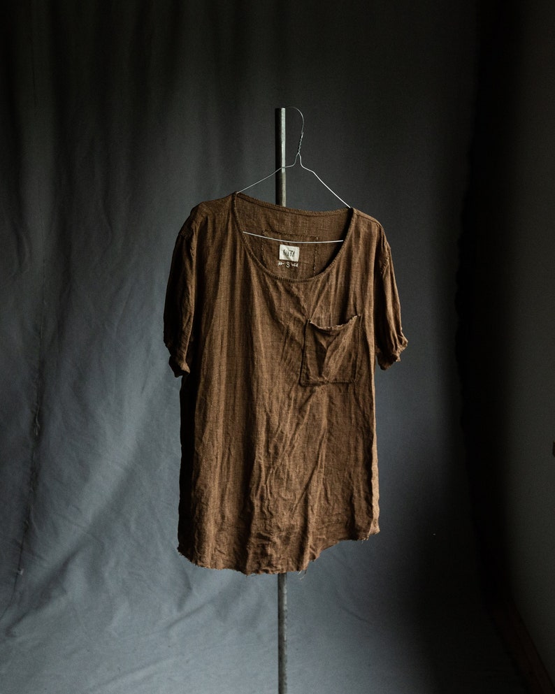 Men's linen t-shirt INK. Men's linen clothing cinnamon brown mustard flax shirt loose hand stitched japanese avant garde orange wrinkled image 3