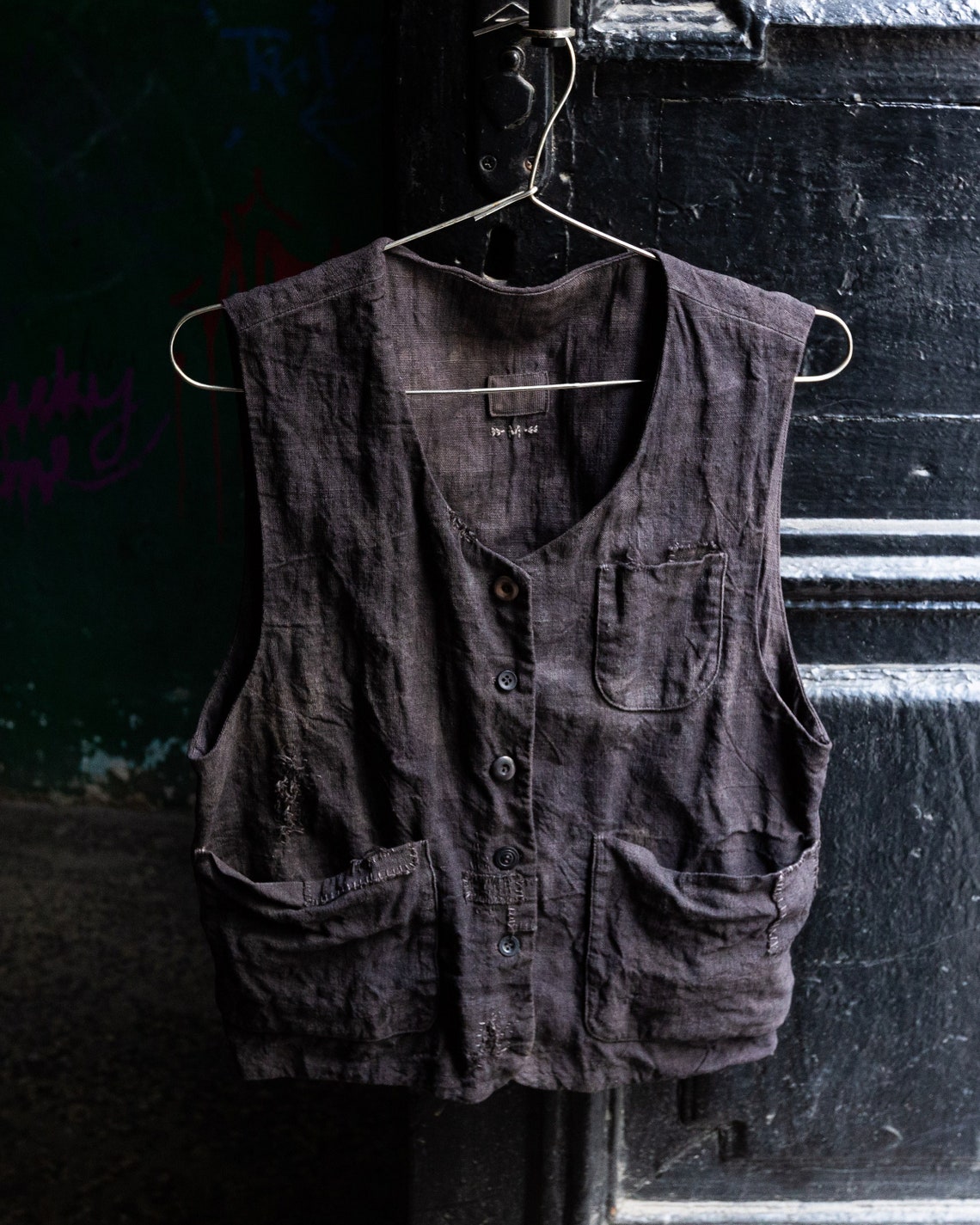 Men's Hand Dyed Linen Vest BORO. Dark Grey Linen Vest Etsy