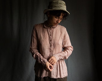 Semi sheer pink linen shirt NOSTALGIA. Linen women clothing vintage blouse antique bohemian peasant victorian shirt henley flax dusty blush