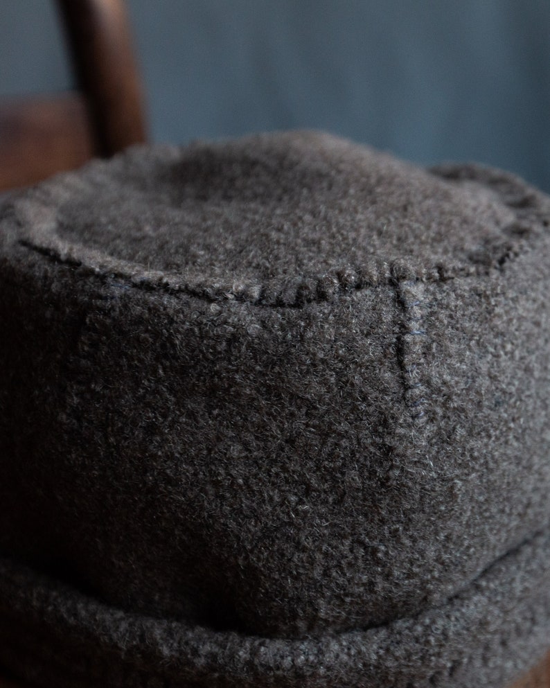 Brown woolen hat SEVER. Beige grey hand stitched taupe eco friendly cap handmade womens minimalist docker hat japanese winter cap natural image 2