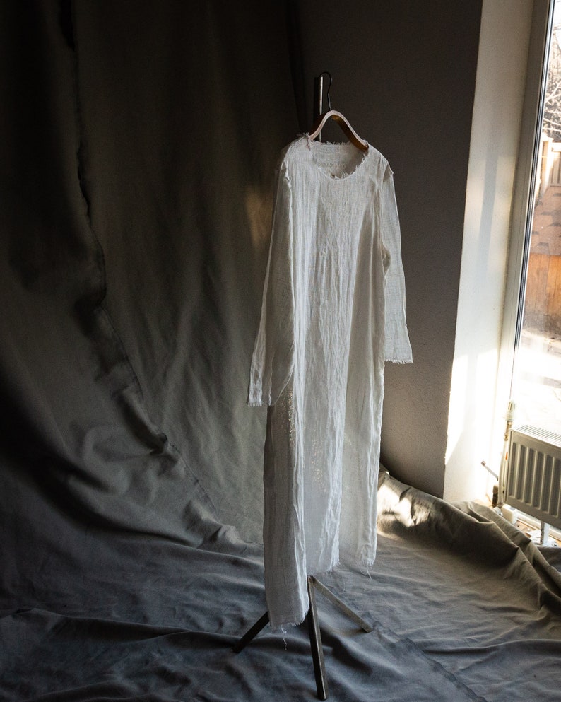 Long White Sackcloth Linen Dress NOMAD With Raw Hems and Side - Etsy