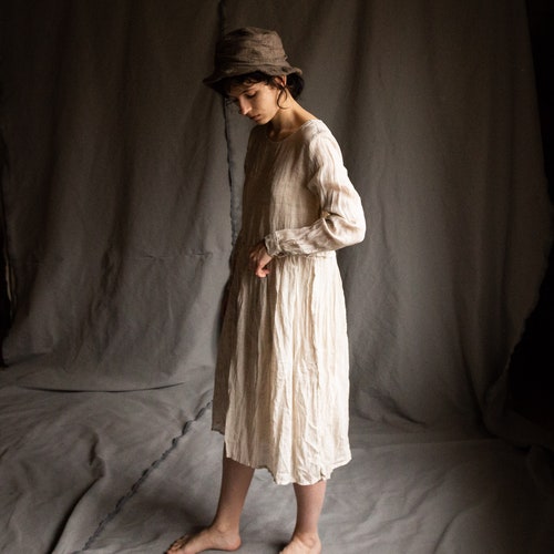Natural grey linen gauze dress VIRGINIA. Linen women's clothing vintage dress bohemian antique avant garde undyed semi sheer crinkled