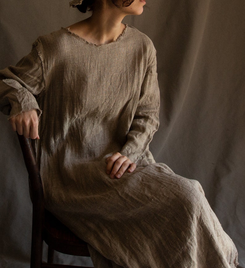 Long natural grey linen dress NOMAD with raw hems and side pockets image 1