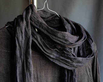 Naturally dyed linen scarf AIR. Dark grey navy hand dyed painted linen scarf summer long scarf flax softened vintage gothic raw hem black