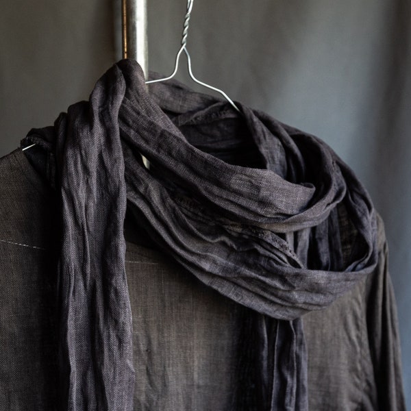 Naturally dyed linen scarf AIR. Dark grey navy hand dyed painted linen scarf summer long scarf flax softened vintage gothic raw hem black