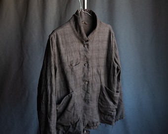 Men's brown plaid woolen jacket FARMER. Grey warm check stripes blazer linen wool antique victorian mens duster vintage avant garde raw