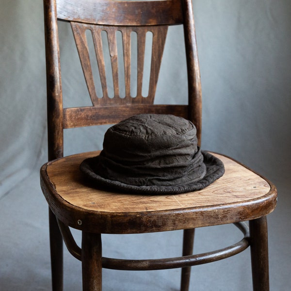 Hand dyed brown fedora hat TOPINAMBUR. Natural linen dark grey hat handmade vegan hat organic antique vintage distorted avant garde wrinkled
