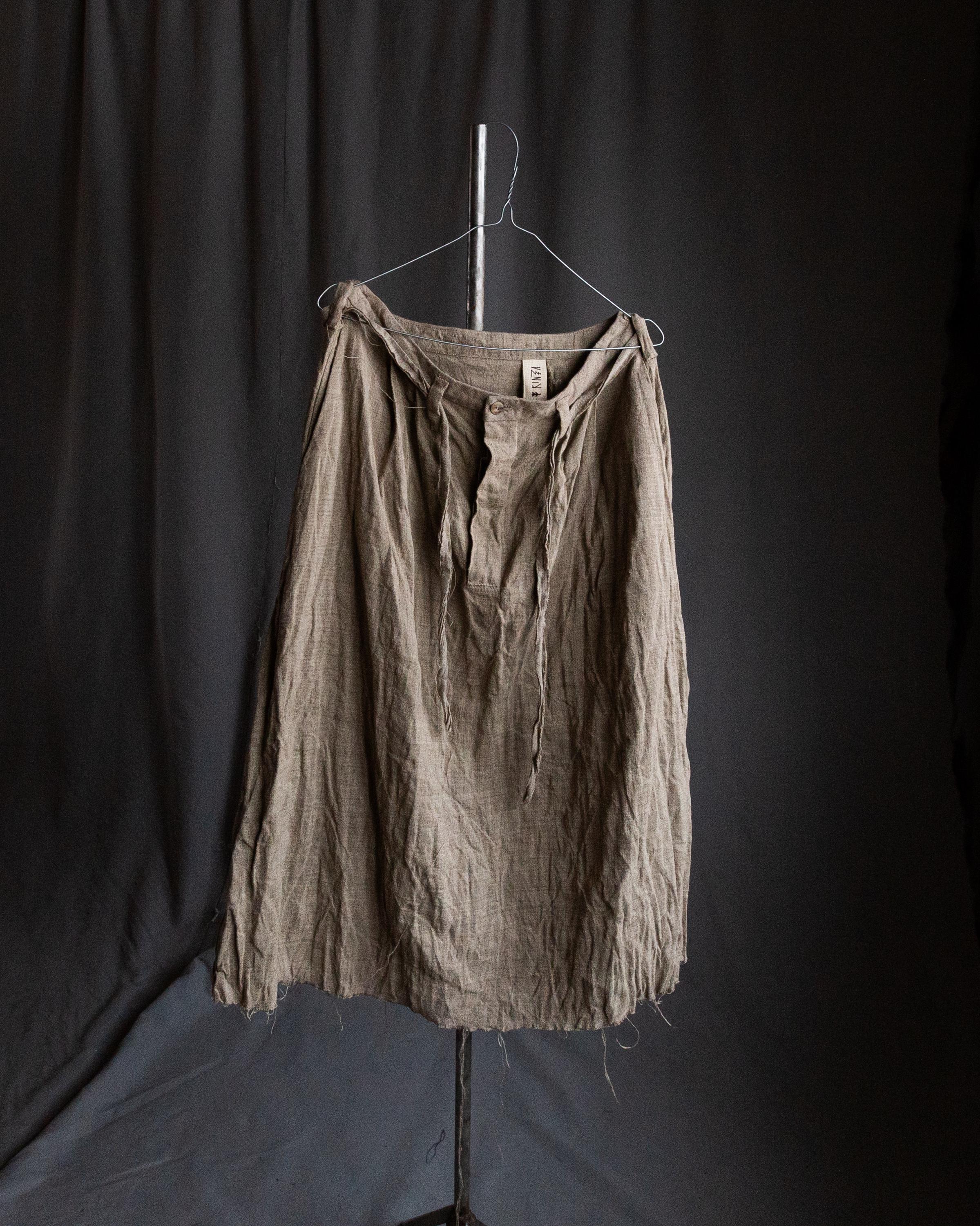 Linen skirt HEMINGWAY. Buttoned masculine sandy undyed flax grey pants womens clothing wrinked textured old pleated vintage french work