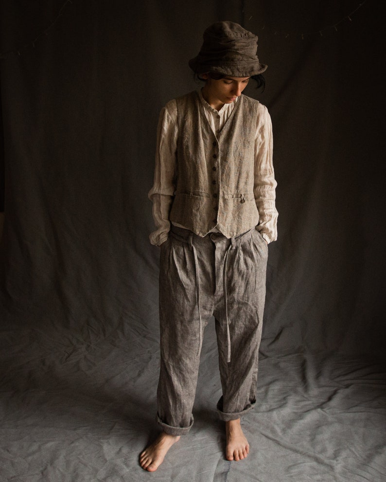 Grey linen pants HEMINGWAY. Buttoned trousers woolen pants linen womens clothing victorian vintage antique classical french work pants image 3