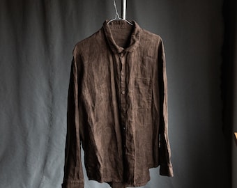 Men's brown shirt TWILIGHT. Linen mens hand dyed clothing vintage antique hand stitch avant garde natural imperfect ochre earthy wabi sabi