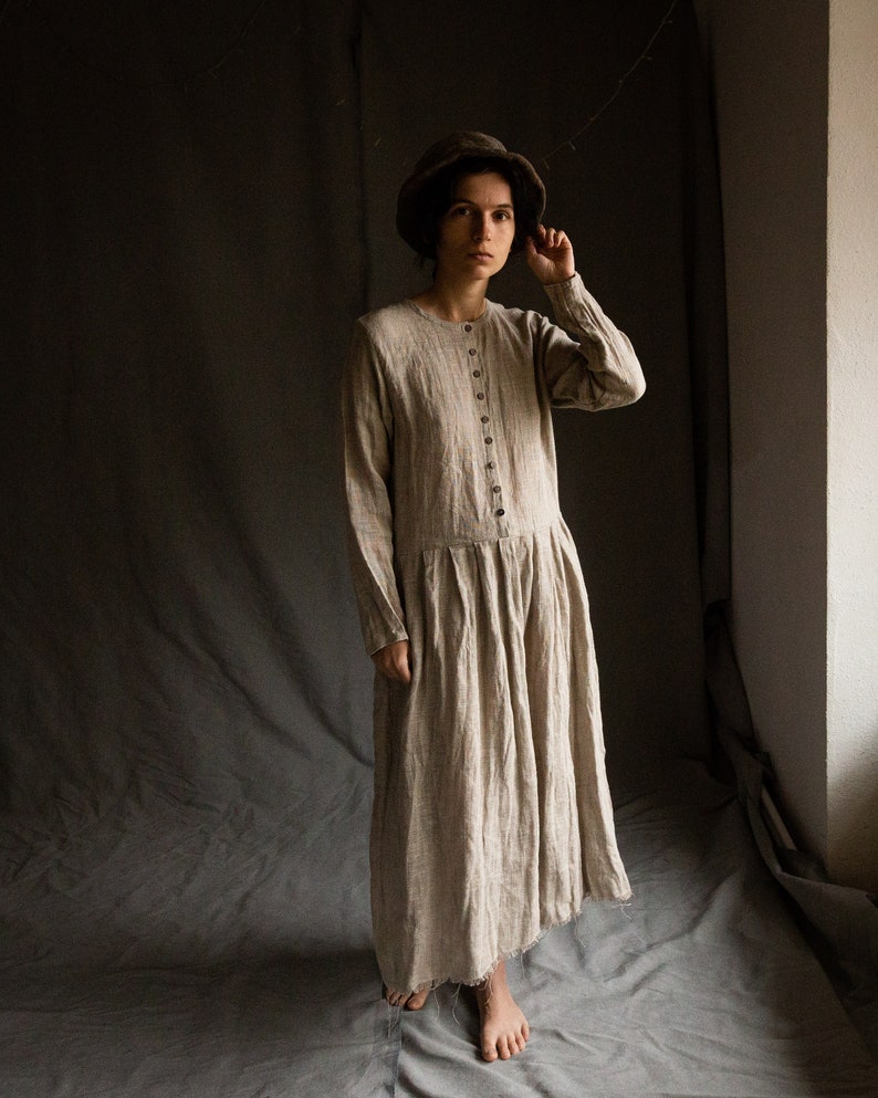 Sackcloth linen dress POEM. Linen women's clothing undyed flax dress vintage natural grey bohemian raw stitched raw hem peasant victorian image 3